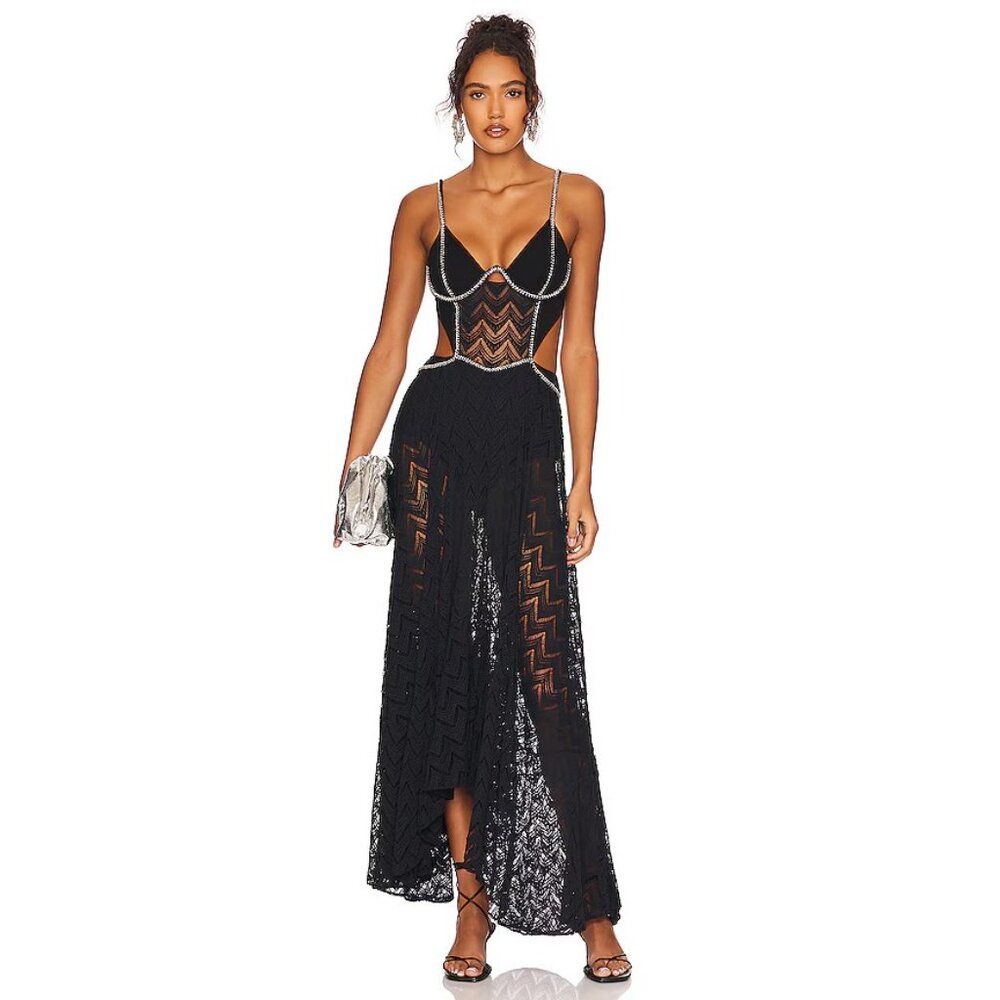 PatBO x Alessandra Ambrosio Hand Beaded Bustier Maxi Dress in Black